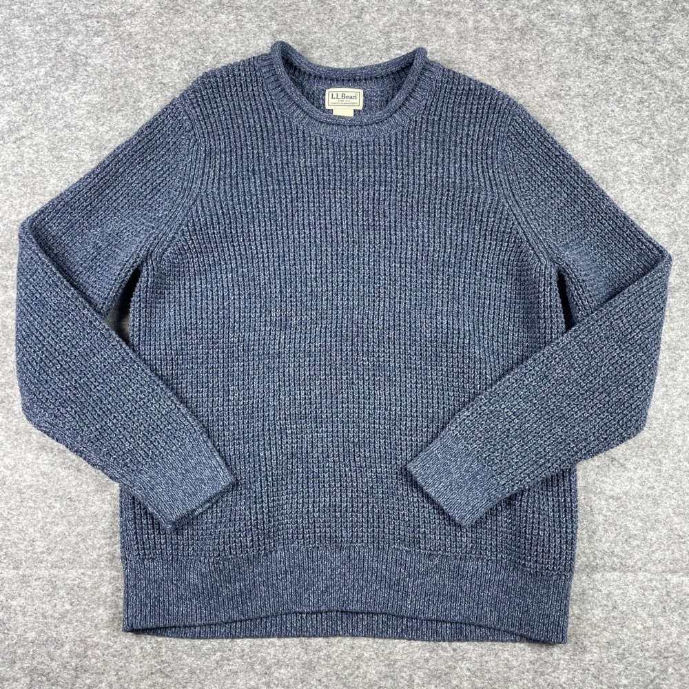 LL Bean Sweater Mens L Blue Organic Cotton Chunky Shaker Stitch Roll Neck